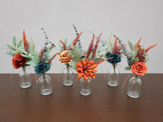 Terracotta Teal Centerpiece, Wedding 1 Flower Dark Teal Blue Burnt Orange Flower for Bud Vase, Small Table Centerpiece Terracotta