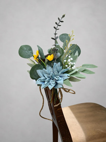 Sunflower Pew Decor, White Dusty Blue Wedding Chair Flowers, Rustic Yellow Sunflowers Aisle Decor, Chair Aisle Markers White Rose Blue