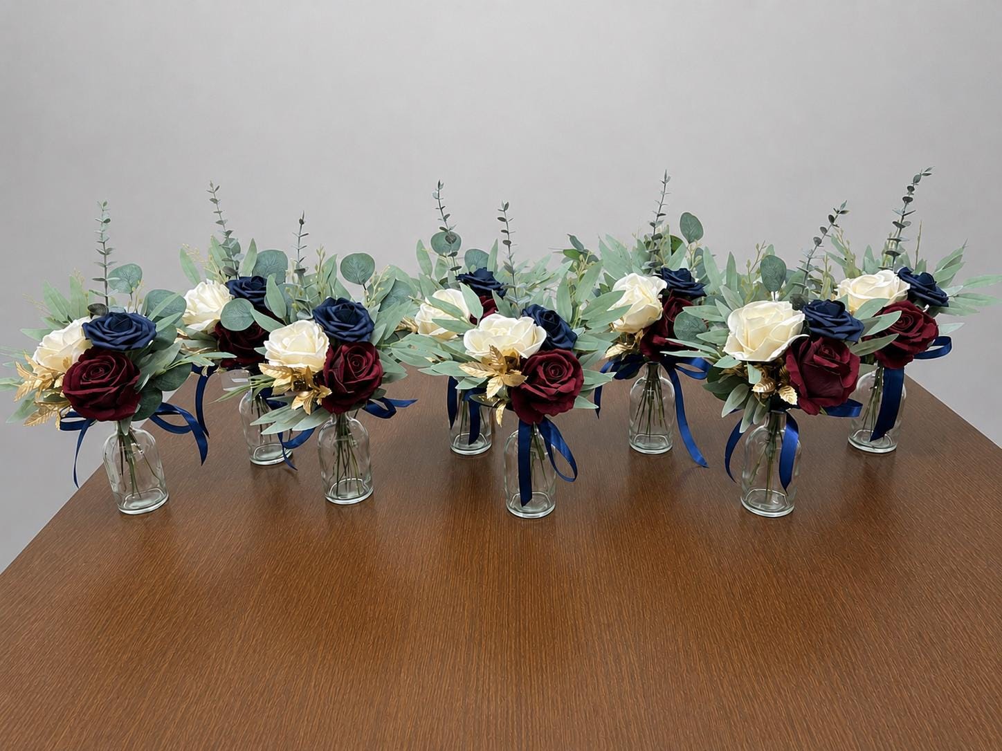 Burgundy Navy Blue Wedding Centerpiece, Mini Bouquets for Bud Vase, Rustic Dark Blue Ivory Maroon Table Decor, Small Centerpiece Artiticial