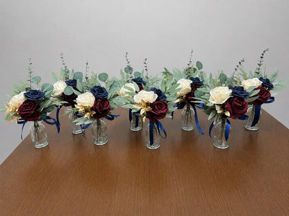 Burgundy Navy Blue Wedding Centerpiece, Mini Bouquets for Bud Vase, Rustic Dark Blue Ivory Maroon Table Decor, Small Centerpiece Artiticial