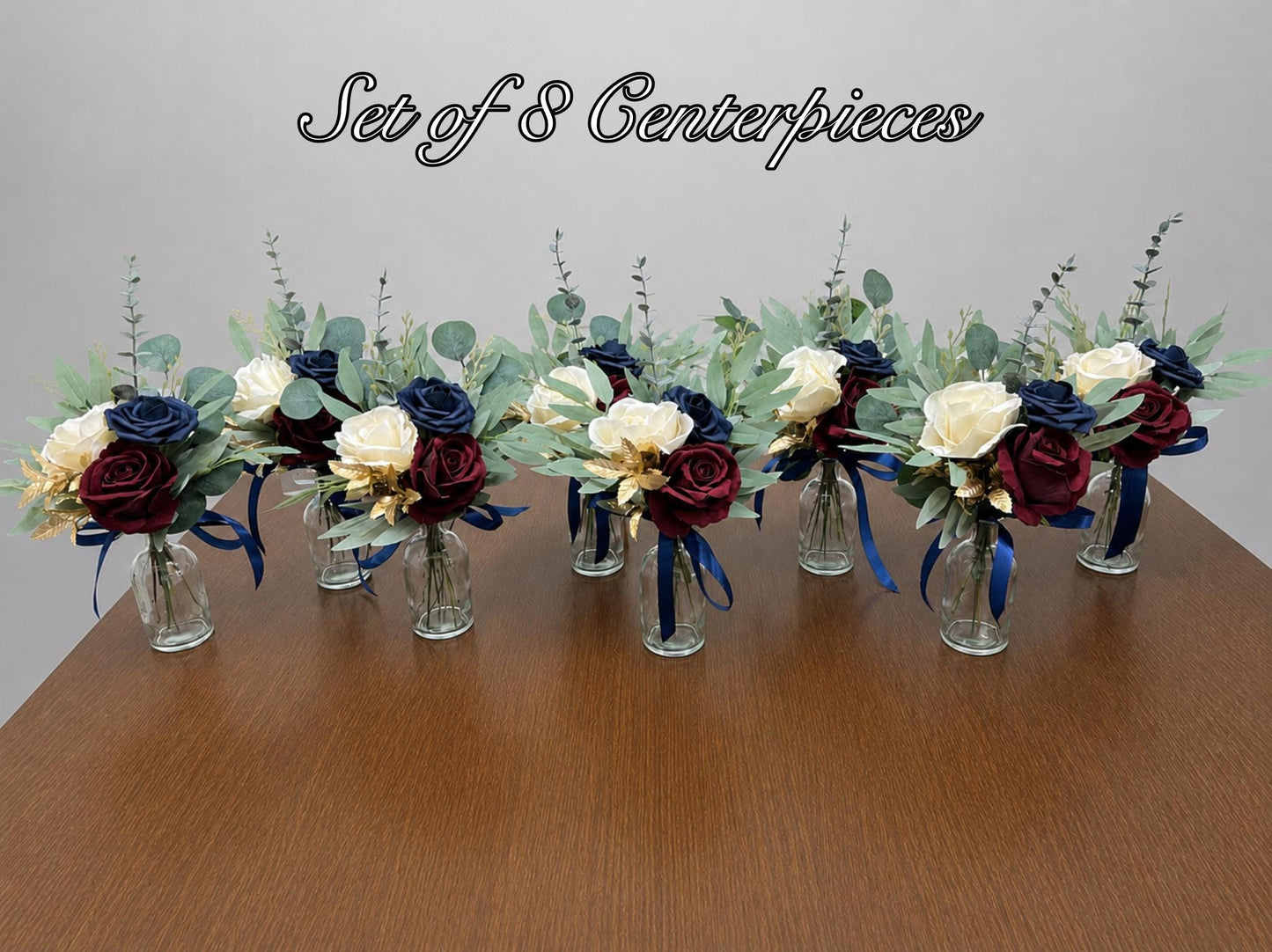 Burgundy Navy Blue Wedding Centerpiece, Mini Bouquets for Bud Vase, Rustic Dark Blue Ivory Maroon Table Decor, Small Centerpiece Artiticial