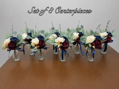 Burgundy Navy Blue Wedding Centerpiece, Mini Bouquets for Bud Vase, Rustic Dark Blue Ivory Maroon Table Decor, Small Centerpiece Artiticial