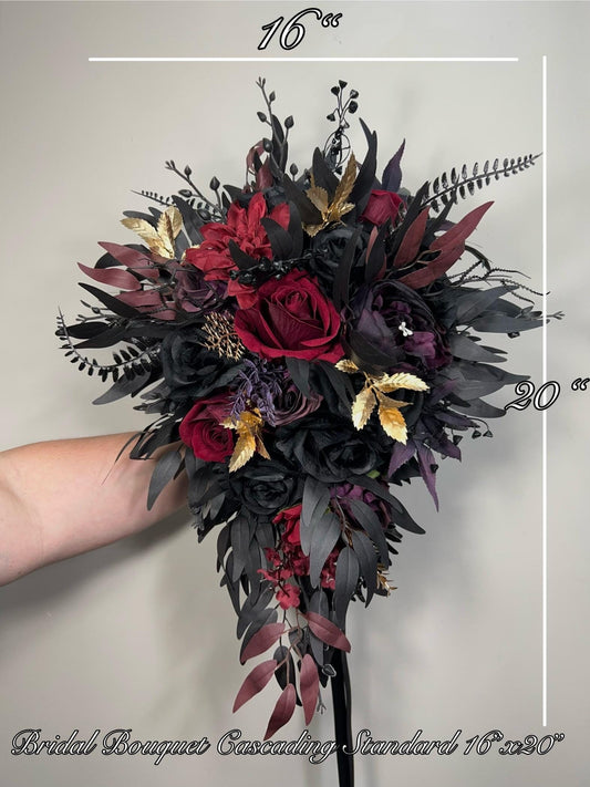 Black Burgundy Purple Bouquet, Wedding Gothic Cascading Bouquet, Bridal Plum Gold Black Cascade Bouquet, Purple Dark Red Bridesmaids Bouquet