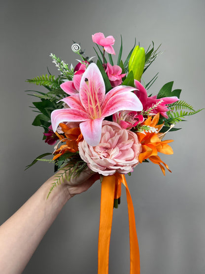 Tropical Lily Wedding Bouquet, Pink Orange Bridal Bouquet, Hawaiian Bright Flowers, Summer Bouquet, Tropical Wedding Flowers Hot Pink Blush