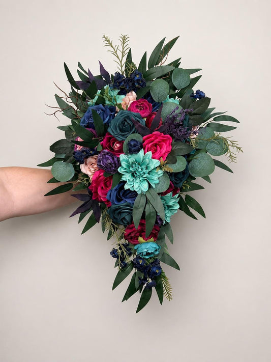 Jewel Tones Cascading Bouquet, Wedding Bridal Turquoise Teal Blue Hot Pink Bouquet, Plum Dark Purple Navy Blue Bridesmaids Bouquet