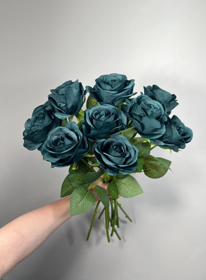 Dark Teal Rose Flower with Stem Leaves, Wedding Dark Peacock Blue Artificial Rose, Teal Blue Flower Heads, Silk Rose for DIY Craft Supplies