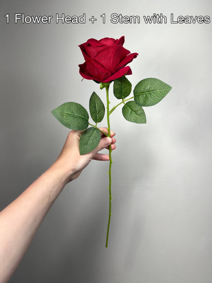 Red Rose Artificial Rose, Wedding Dark Red Flower Head with Stem Leaves, Craft Supplies DIY Bouquet, Home Decor Realistic Roses