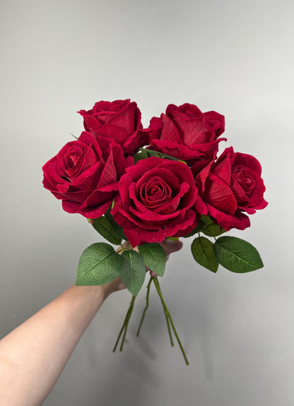 Red Rose Artificial Rose, Wedding Dark Red Flower Head with Stem Leaves, Craft Supplies DIY Bouquet, Home Decor Realistic Roses