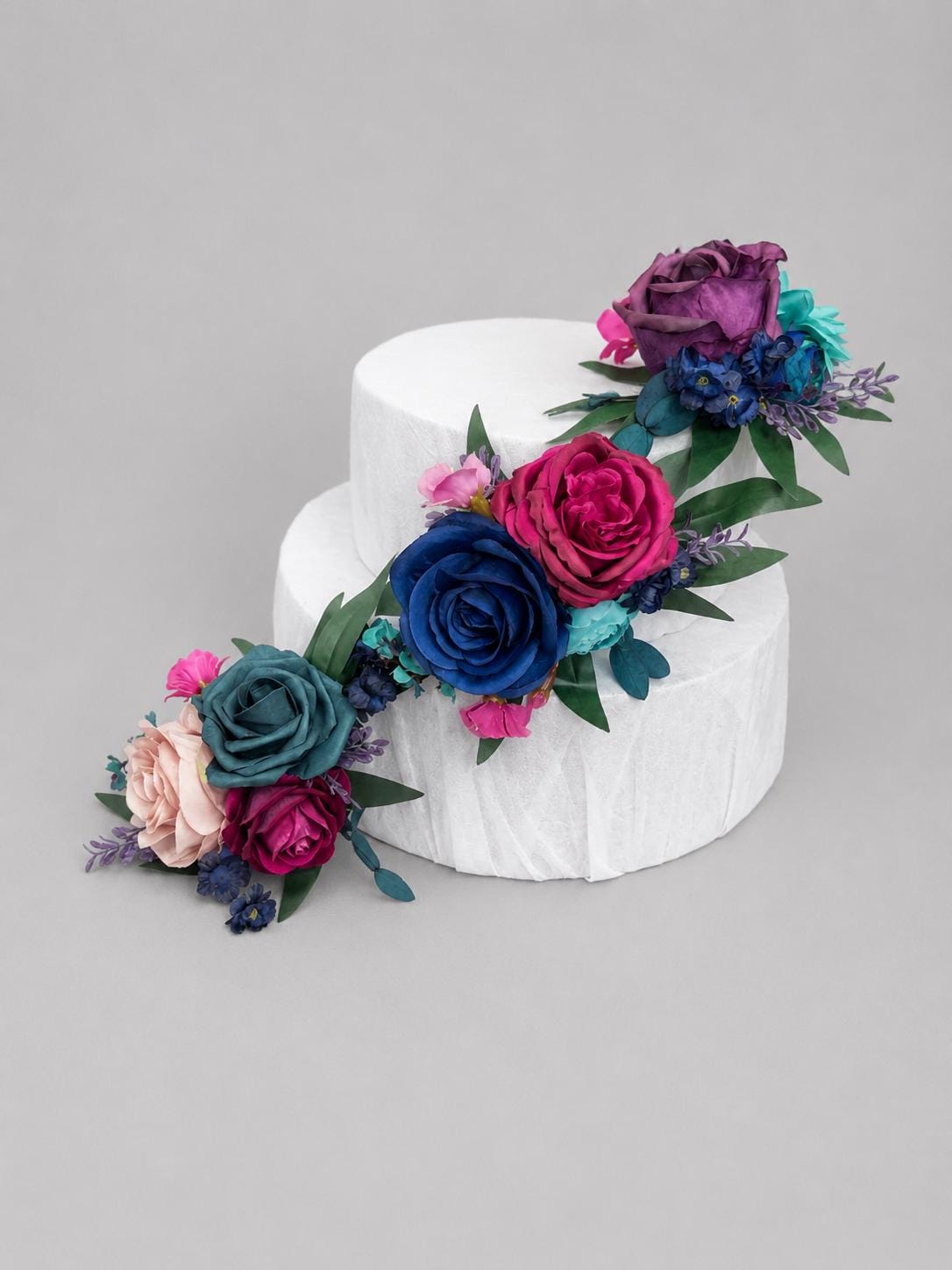 Jewel Tones Cake Decor, Teal Blue Navy Pink Cake Topper, Turquoise Plum Dark Purple Fuchsia Cake Artificial Flowers, Wedding Gem Colors