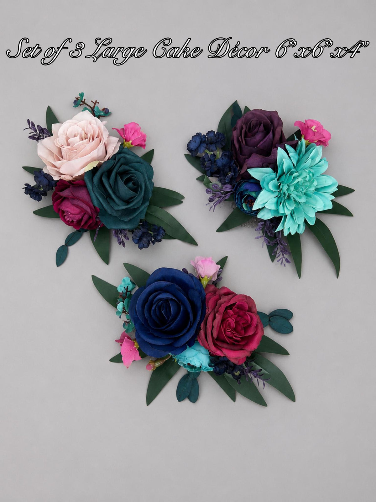 Jewel Tones Cake Decor, Teal Blue Navy Pink Cake Topper, Turquoise Plum Dark Purple Fuchsia Cake Artificial Flowers, Wedding Gem Colors
