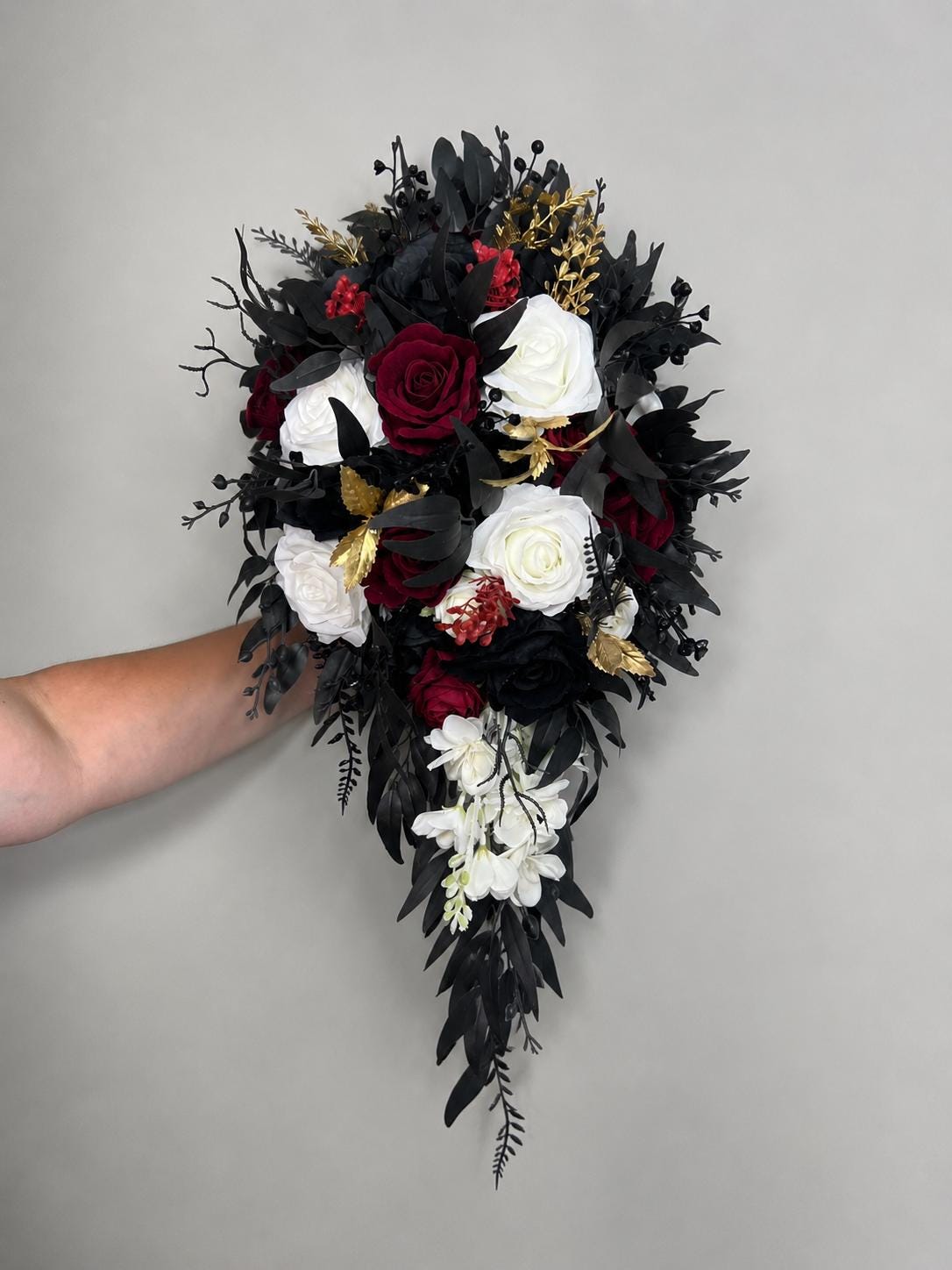 Wedding Cascade Bouquet Burgundy Black White Halloween Bridesmaid Bridal Cascading Bouquet Gothic Wedding Gold Bouquet Flower Artificial