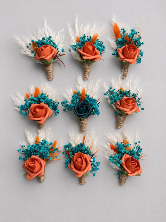 Teal Terracotta Boutonniere Wedding Dark Teal Burnt Orange Groom Boutonniere Boho Teal Blue Rust Pampas Grass Turquoise Baby Breath