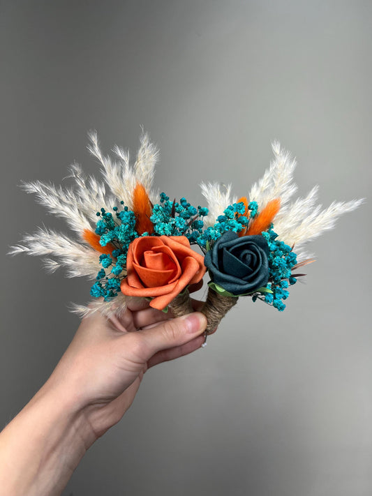 Teal Terracotta Boutonniere Wedding Dark Teal Burnt Orange Groom Boutonniere Boho Teal Blue Rust Pampas Grass Turquoise Baby Breath