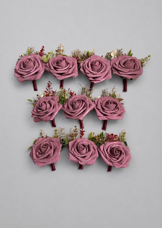 Mauve Boutonnière Wedding, Groom Dusty Mauve Burgundy Boutonnière Pin On, Groomsmen Gold Rustic Buttonhole, Artificial Lapel Flower Men