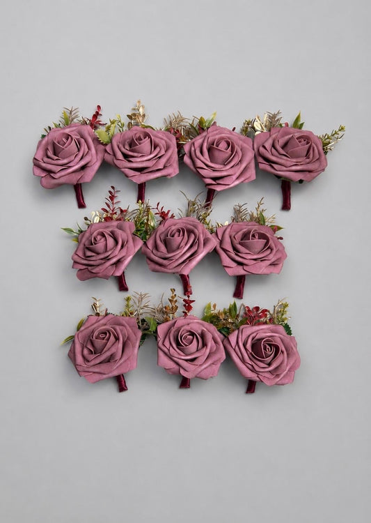 Mauve Boutonnière Wedding, Groom Dusty Mauve Burgundy Boutonnière Pin On, Groomsmen Gold Rustic Buttonhole, Artificial Lapel Flower Men