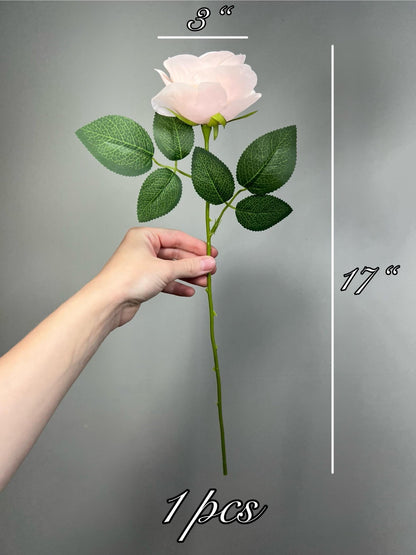 Blush Pink Rose Flower with Stem Leaves, Wedding Light Pink Nude Artificial Rose, Soft Pink Flower Heads, Silk Rose for DIY Craft Supplies