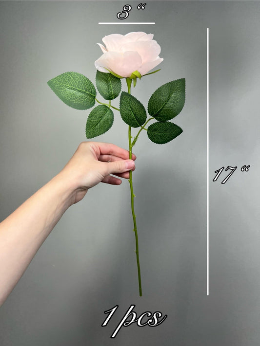 Blush Pink Rose Flower with Stem Leaves, Wedding Light Pink Nude Artificial Rose, Soft Pink Flower Heads, Silk Rose for DIY Craft Supplies
