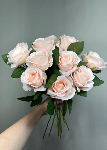 Blush Pink Rose Flower with Stem Leaves, Wedding Light Pink Nude Artificial Rose, Soft Pink Flower Heads, Silk Rose for DIY Craft Supplies