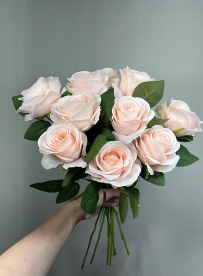 Blush Pink Rose Flower with Stem Leaves, Wedding Light Pink Nude Artificial Rose, Soft Pink Flower Heads, Silk Rose for DIY Craft Supplies