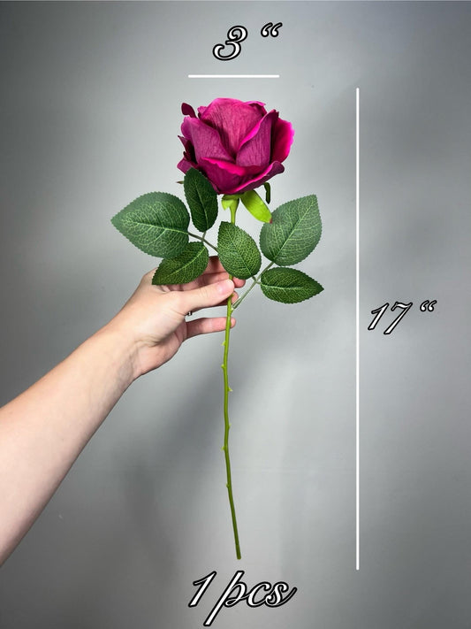Fuchsia Rose Flower with Stem Leaves, Wedding Hot Pink Artificial Rose, Magenta Flower Heads, Berry Pink Silk Rose for DIY Craft Supplies