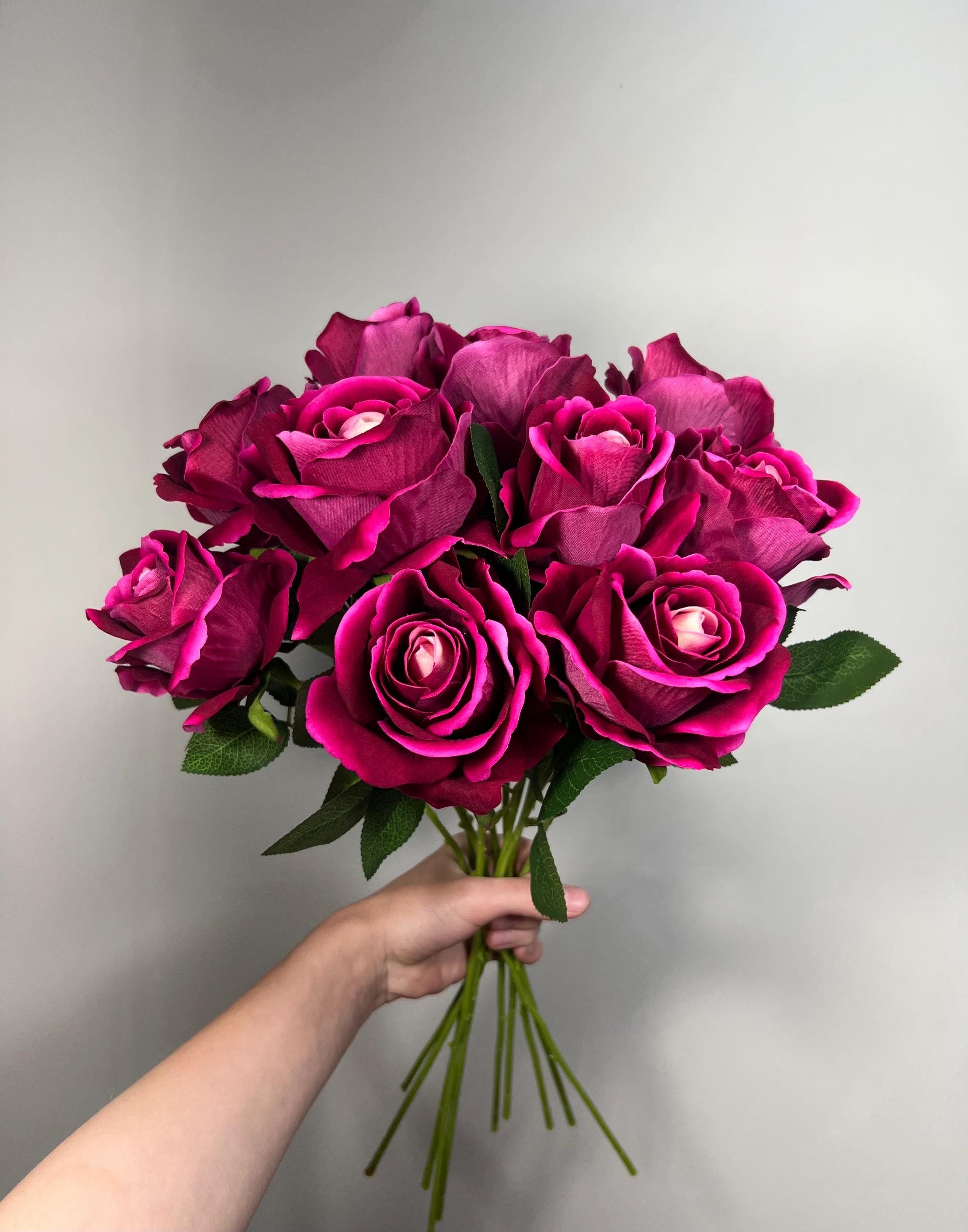 Fuchsia Rose Flower with Stem Leaves, Wedding Hot Pink Artificial Rose, Magenta Flower Heads, Berry Pink Silk Rose for DIY Craft Supplies
