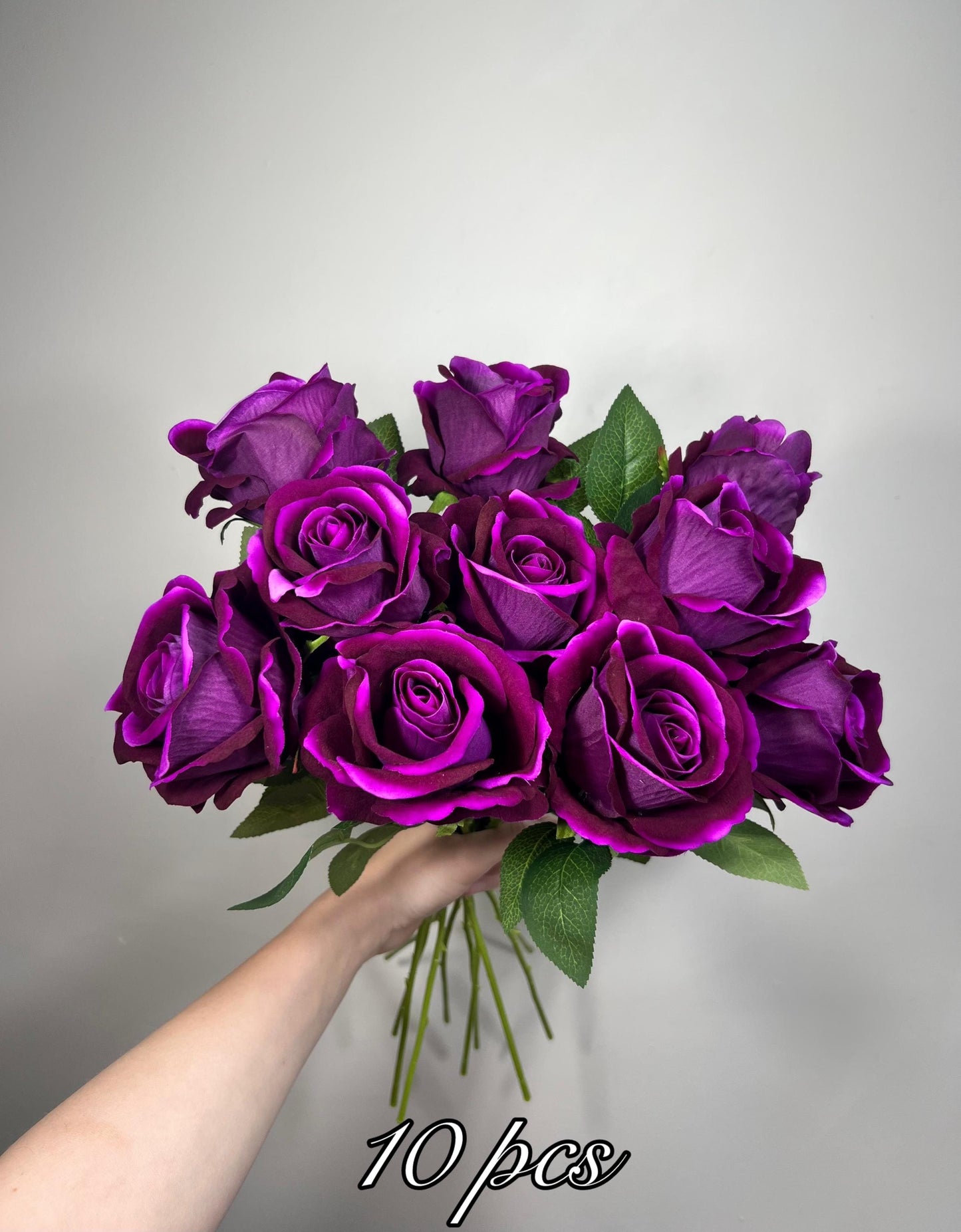 Purple Rose Flower with Stem Leaves, Wedding Deep Purple Dark Artificial Rose, Dark Violet Flower Heads, Silk Rose for DIY Craft Supplies