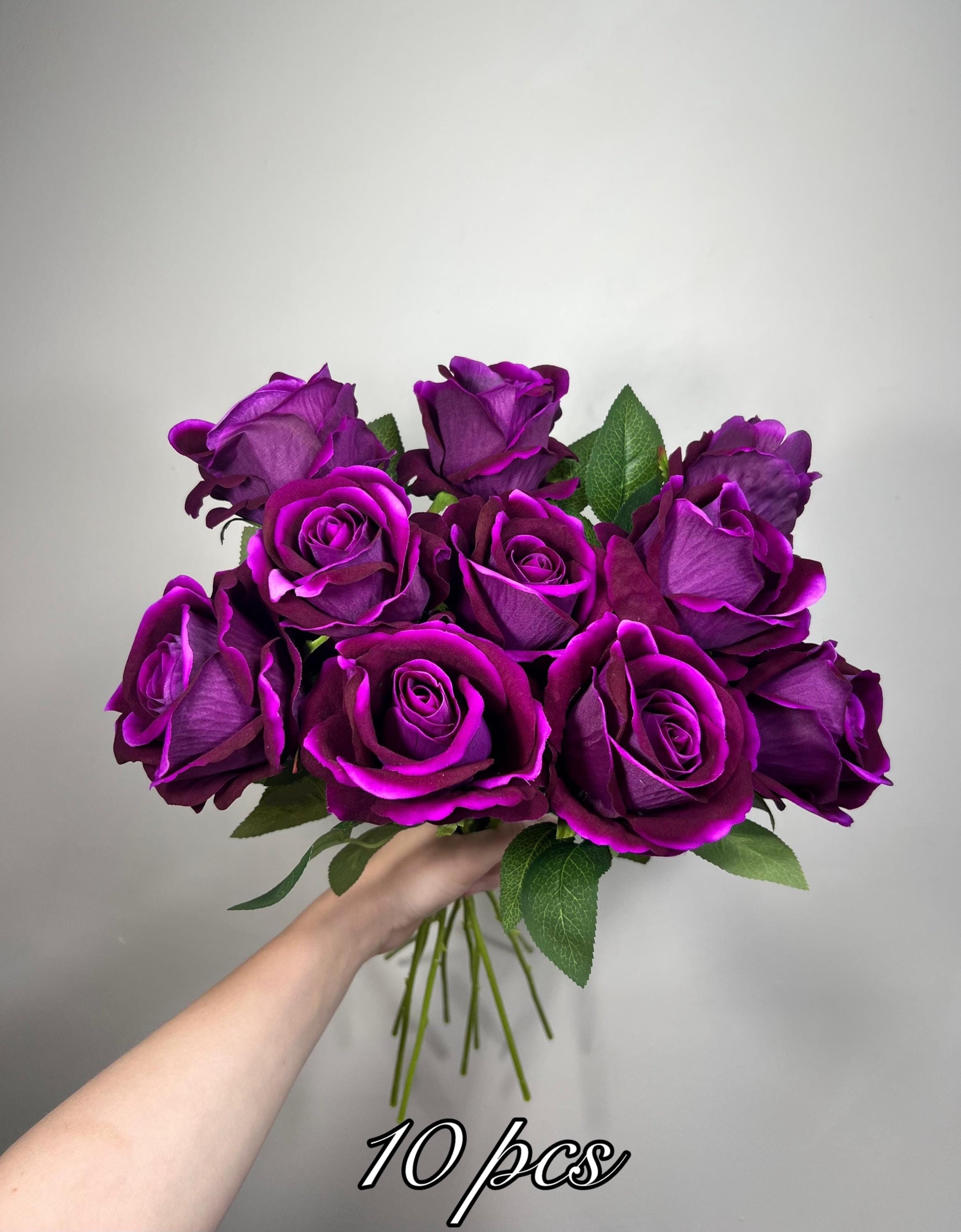 Purple Rose Flower with Stem Leaves, Wedding Deep Purple Dark Artificial Rose, Dark Violet Flower Heads, Silk Rose for DIY Craft Supplies