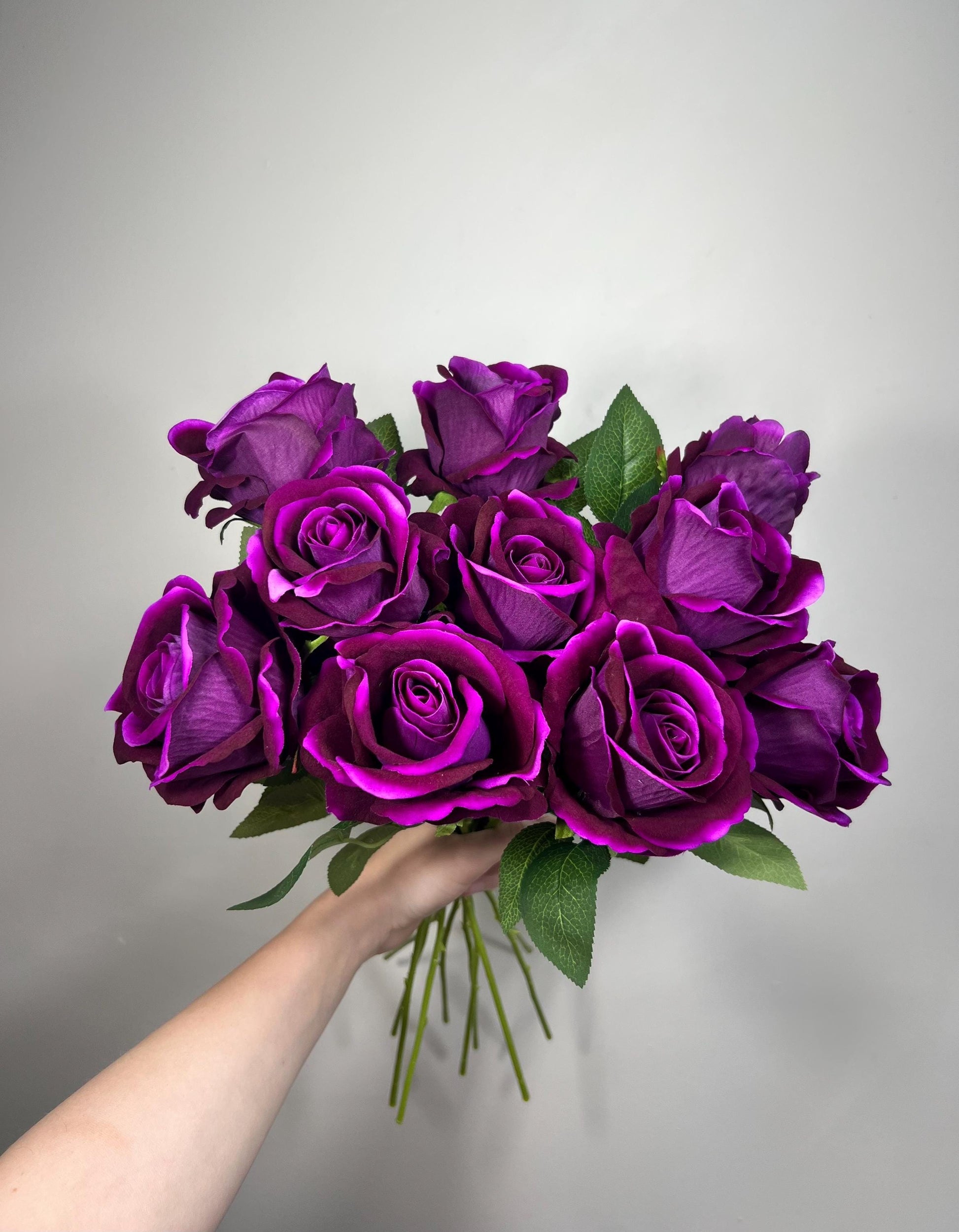 Purple Rose Flower with Stem Leaves, Wedding Deep Purple Dark Artificial Rose, Dark Violet Flower Heads, Silk Rose for DIY Craft Supplies