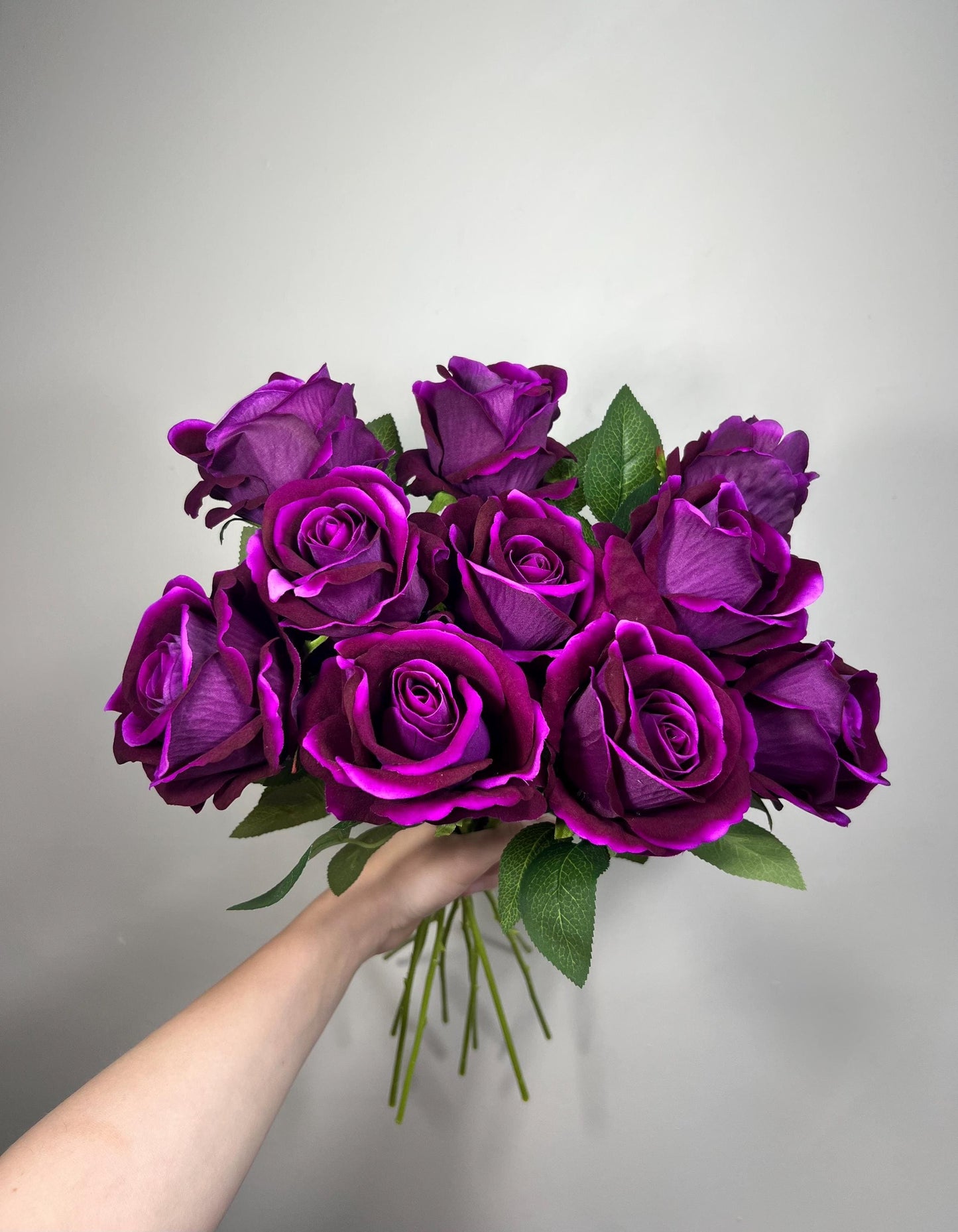 Purple Rose Flower with Stem Leaves, Wedding Deep Purple Dark Artificial Rose, Dark Violet Flower Heads, Silk Rose for DIY Craft Supplies
