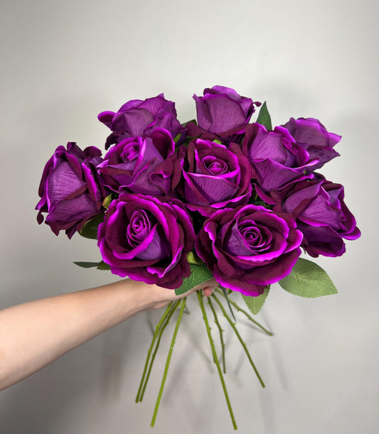 Purple Rose Flower with Stem Leaves, Wedding Deep Purple Dark Artificial Rose, Dark Violet Flower Heads, Silk Rose for DIY Craft Supplies