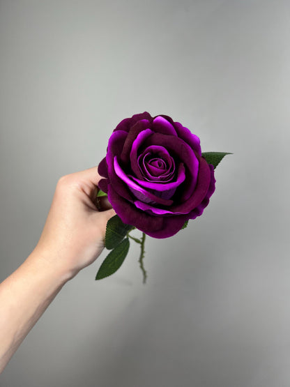 Purple Rose Flower with Stem Leaves, Wedding Deep Purple Dark Artificial Rose, Dark Violet Flower Heads, Silk Rose for DIY Craft Supplies