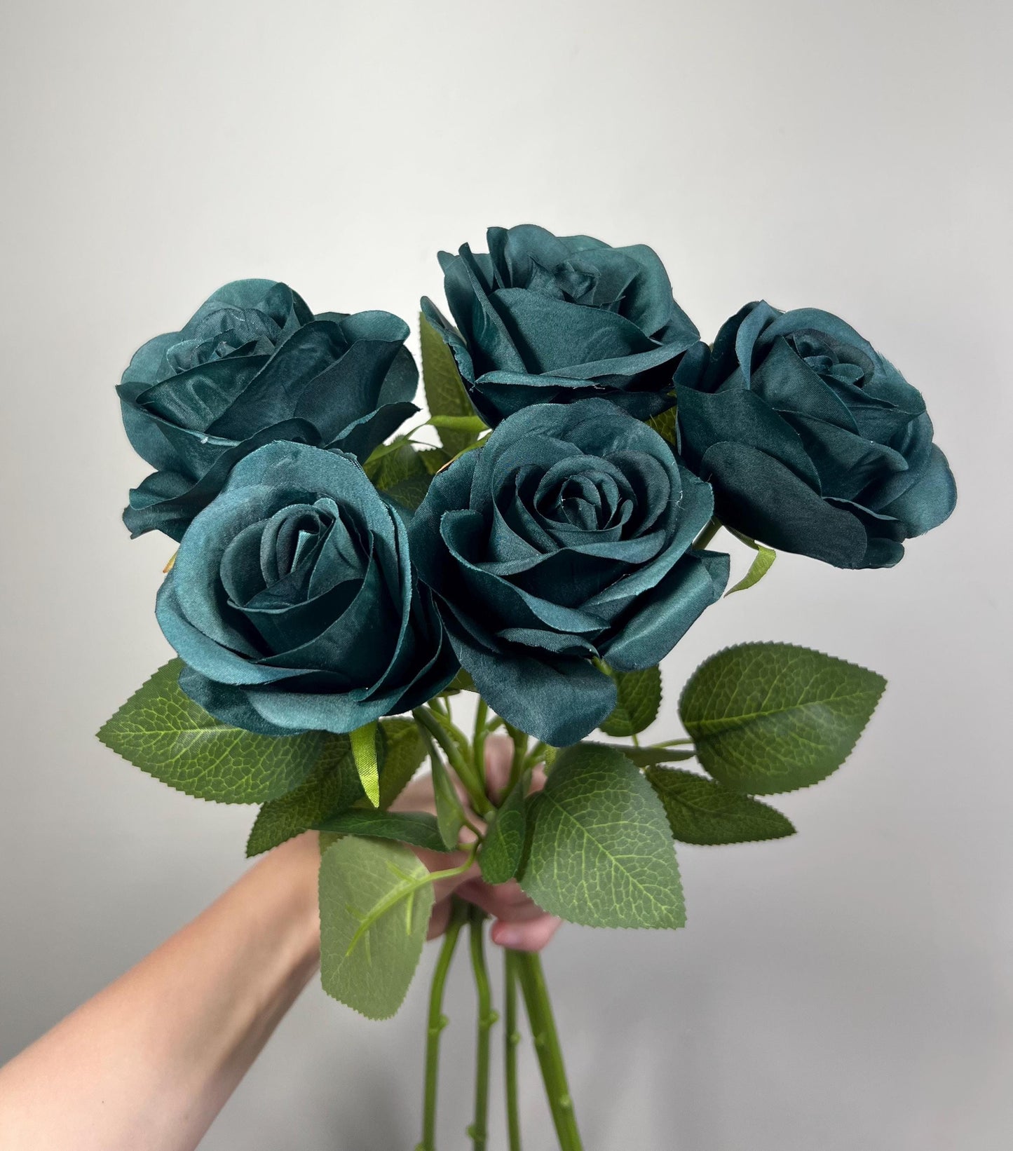 Dark Teal Rose Flower with Stem Leaves, Wedding Dark Peacock Blue Artificial Rose, Teal Blue Flower Heads, Silk Rose for DIY Craft Supplies