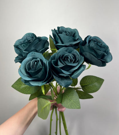 Dark Teal Rose Flower with Stem Leaves, Wedding Dark Peacock Blue Artificial Rose, Teal Blue Flower Heads, Silk Rose for DIY Craft Supplies