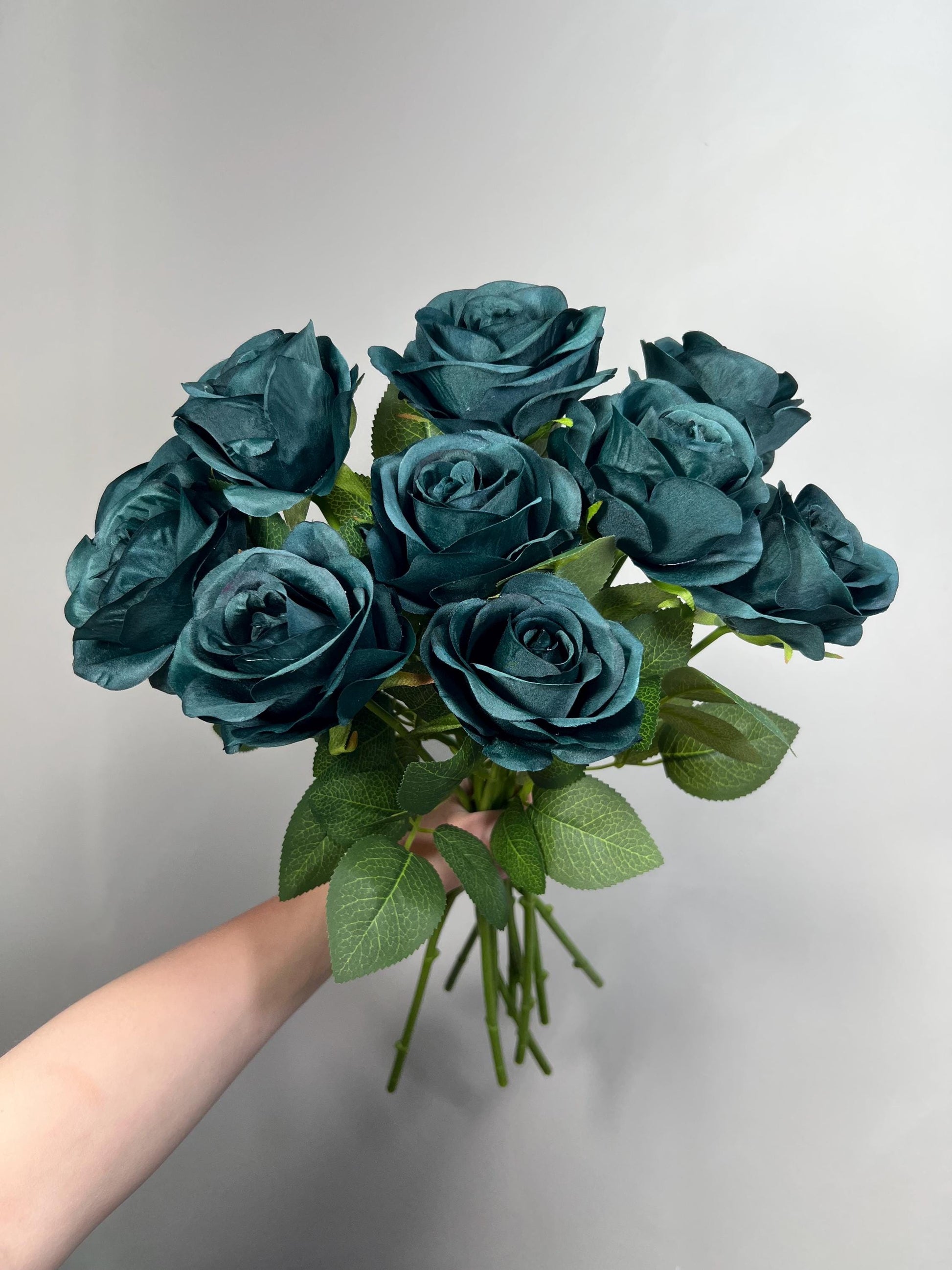 Dark Teal Rose Flower with Stem Leaves, Wedding Dark Peacock Blue Artificial Rose, Teal Blue Flower Heads, Silk Rose for DIY Craft Supplies
