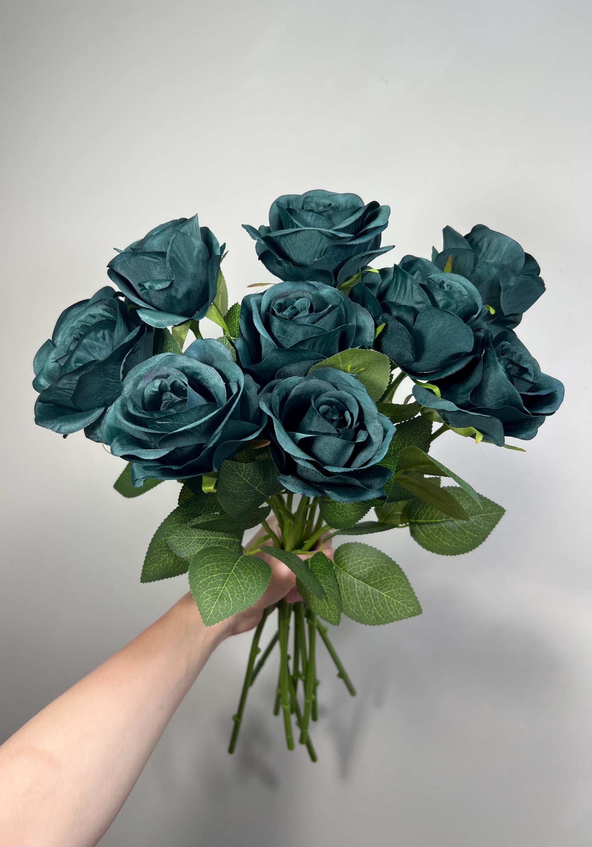 Dark Teal Rose Flower with Stem Leaves, Wedding Dark Peacock Blue Artificial Rose, Teal Blue Flower Heads, Silk Rose for DIY Craft Supplies