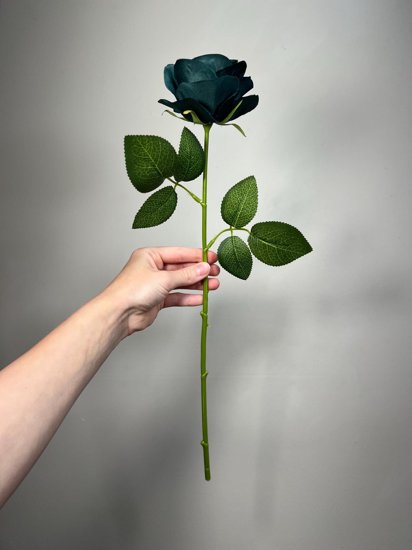 Dark Teal Rose Flower with Stem Leaves, Wedding Dark Peacock Blue Artificial Rose, Teal Blue Flower Heads, Silk Rose for DIY Craft Supplies