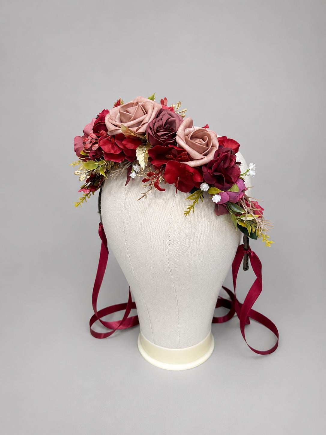 Burgundy Pink Flower Crown, Rustic Wedding Headpiece, Dusty Rose Mauve Floral Halo, Wine Red Maroon Gold Hair Crown Flower