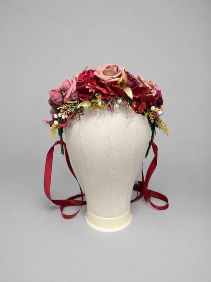 Burgundy Pink Flower Crown, Rustic Wedding Headpiece, Dusty Rose Mauve Floral Halo, Wine Red Maroon Gold Hair Crown Flower