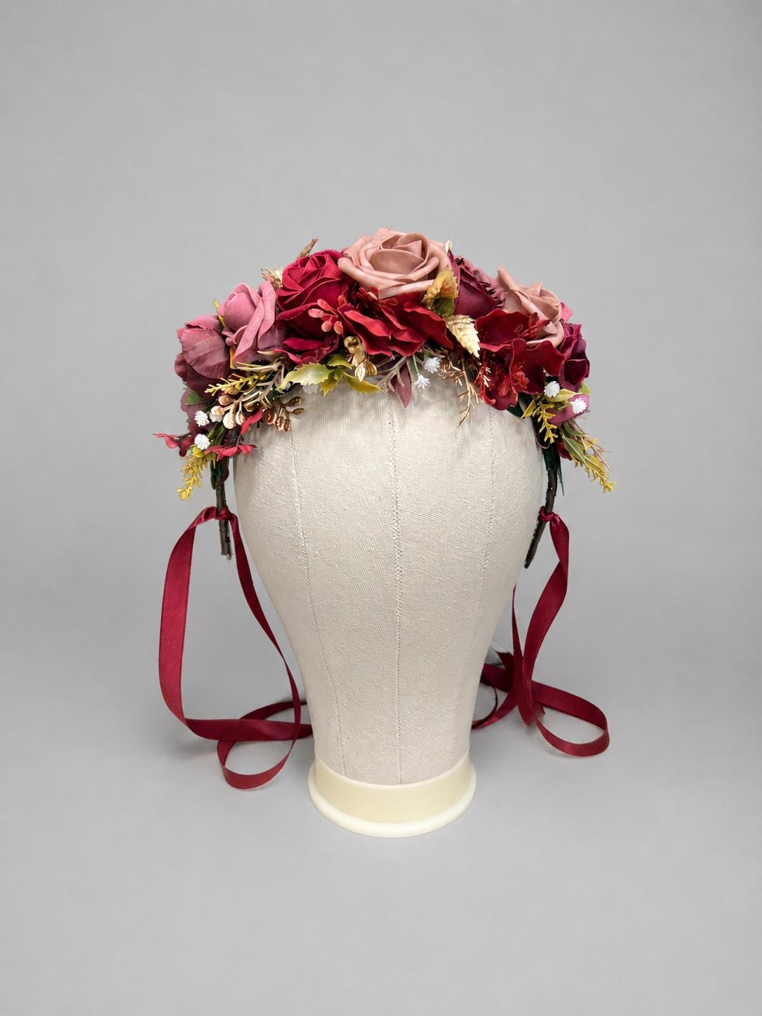 Burgundy Pink Flower Crown, Rustic Wedding Headpiece, Dusty Rose Mauve Floral Halo, Wine Red Maroon Gold Hair Crown Head Reddit