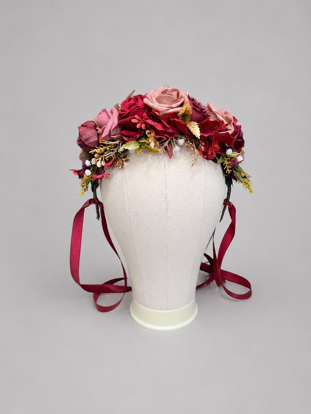 Burgundy Pink Flower Crown, Rustic Wedding Headpiece, Dusty Rose Mauve Floral Halo, Wine Red Maroon Gold Hair Crown Flower