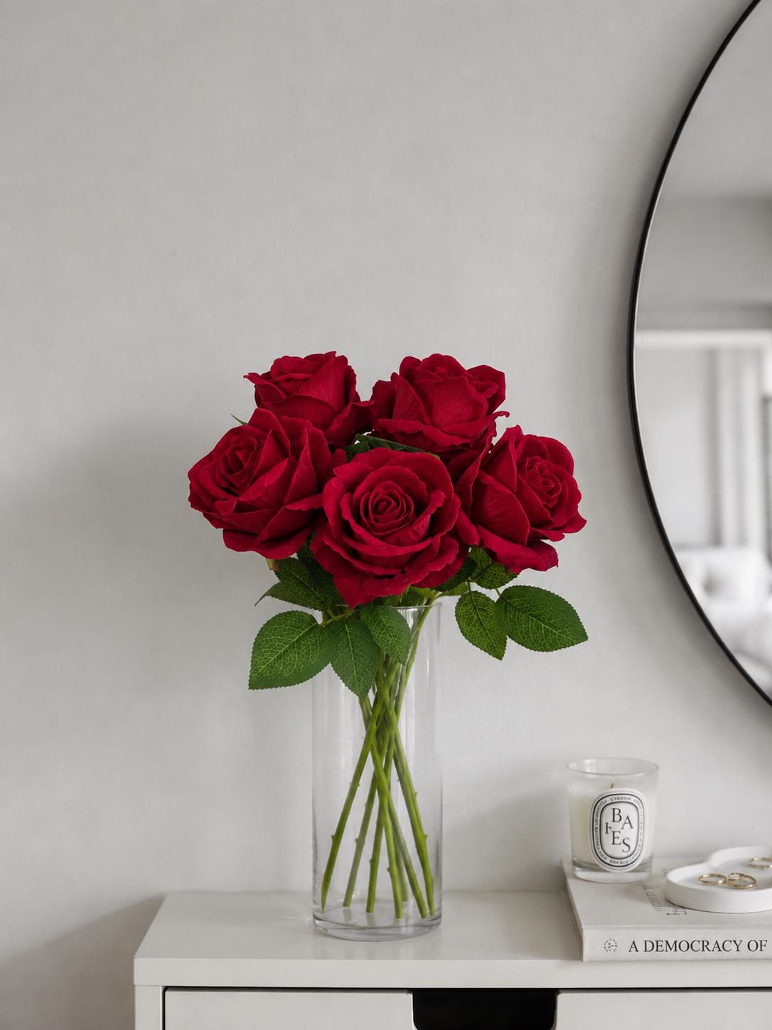 Red Rose Artificial Rose, Wedding Dark Red Flower Head with Stem Leaves, Craft Supplies DIY Bouquet, Home Decor Realistic Roses
