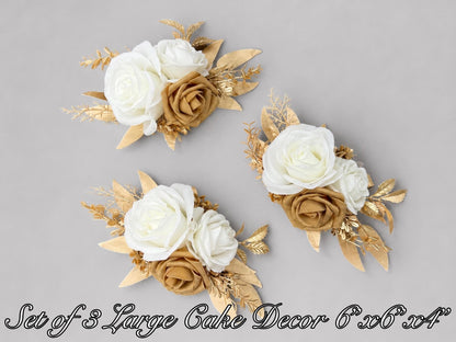 White Gold Cake Decor, Wedding White Rose Cake Topper, Rustic Cake Flowers Artificial, Cake Arrangements Floral