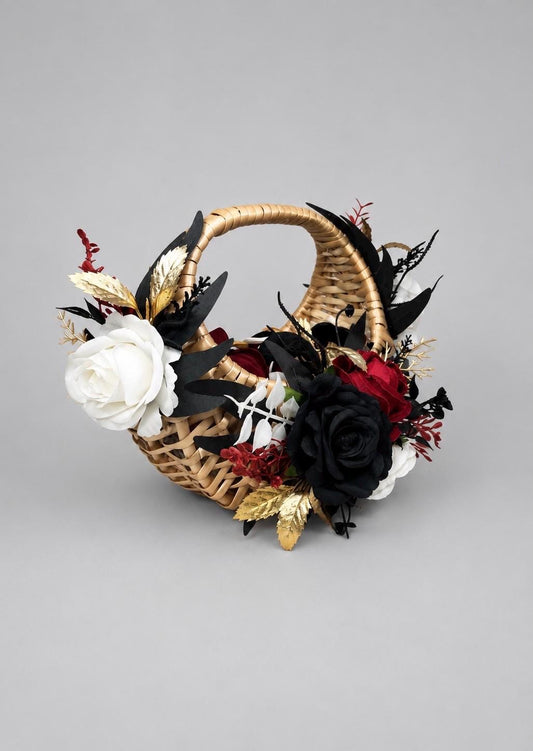 Black Burgundy Flower Girl Basket, White Gold Black Wedding Basket, Gothic Flower Basket for Petals, Moody Ceremony Basket Woven Rattan