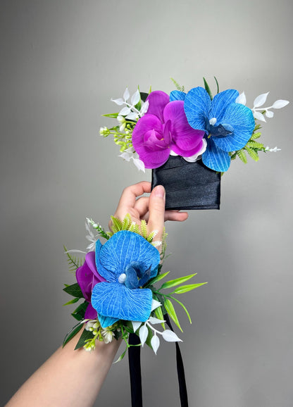 Blue Purple Orchid Pocket Boutonniere, Groom Tropical Wedding Boutonniere, Sapphire Blue Violet Pocket Square, Groomsmen Teal Blue Flower