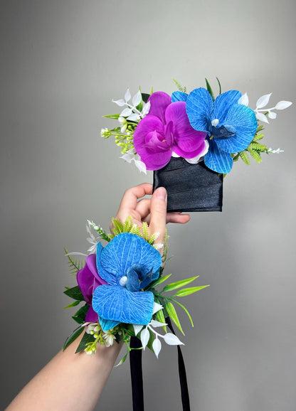 Blue Purple Orchid Pocket Boutonniere, Groom Tropical Wedding Boutonniere, Sapphire Blue Violet Pocket Square, Groomsmen Teal Blue Flower