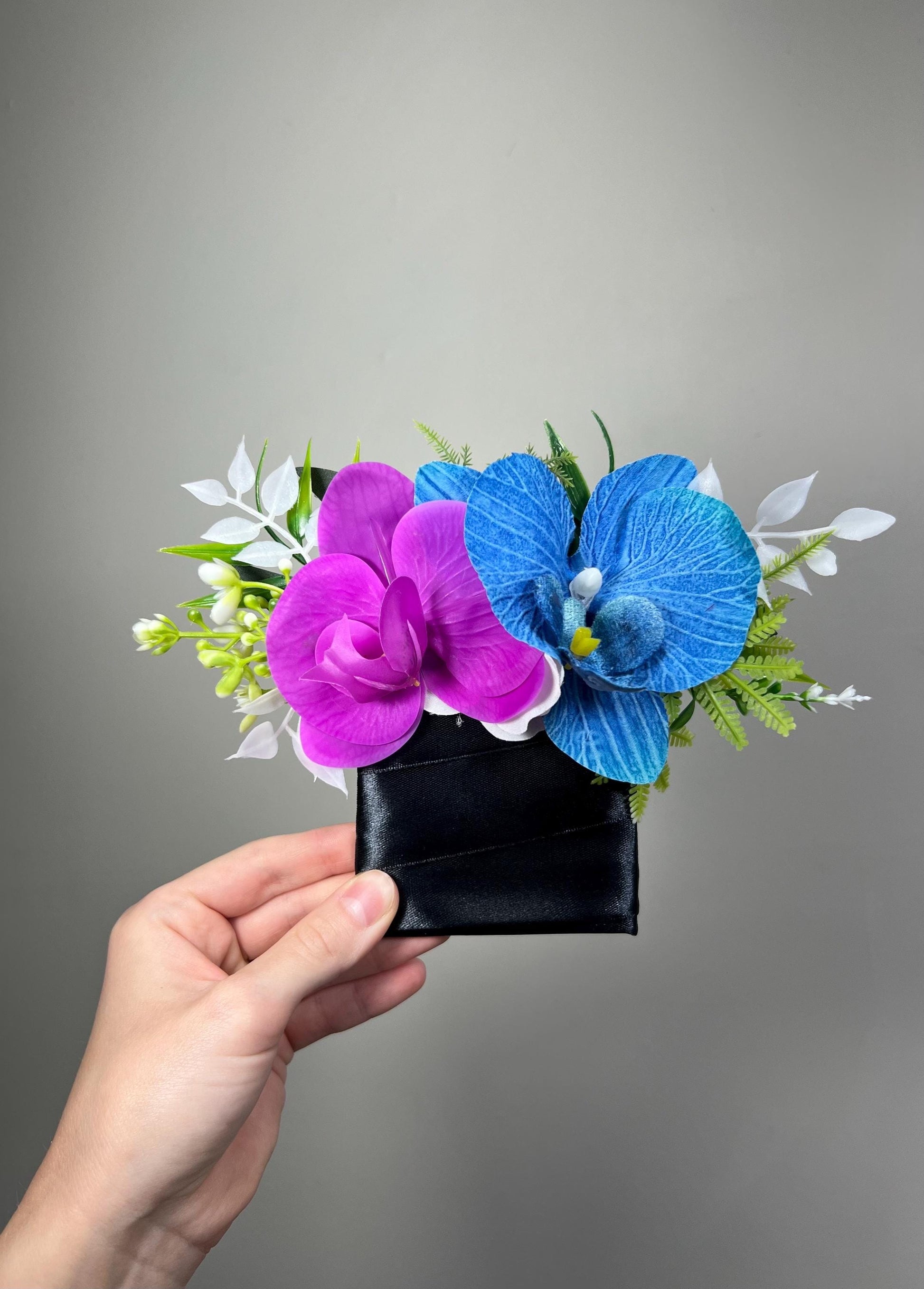 Blue Purple Orchid Pocket Boutonniere, Groom Tropical Wedding Boutonniere, Sapphire Blue Violet Pocket Square, Groomsmen Teal Blue Flower