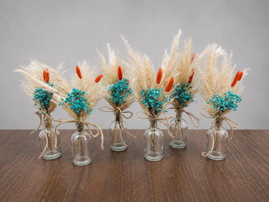 Centerpiece Teal Orange Mini Wedding Dried Bouquet Teal Burnt Orange Baby Breath Turquoise Wedding Terracotta Small Centerpiece Pampas Grass