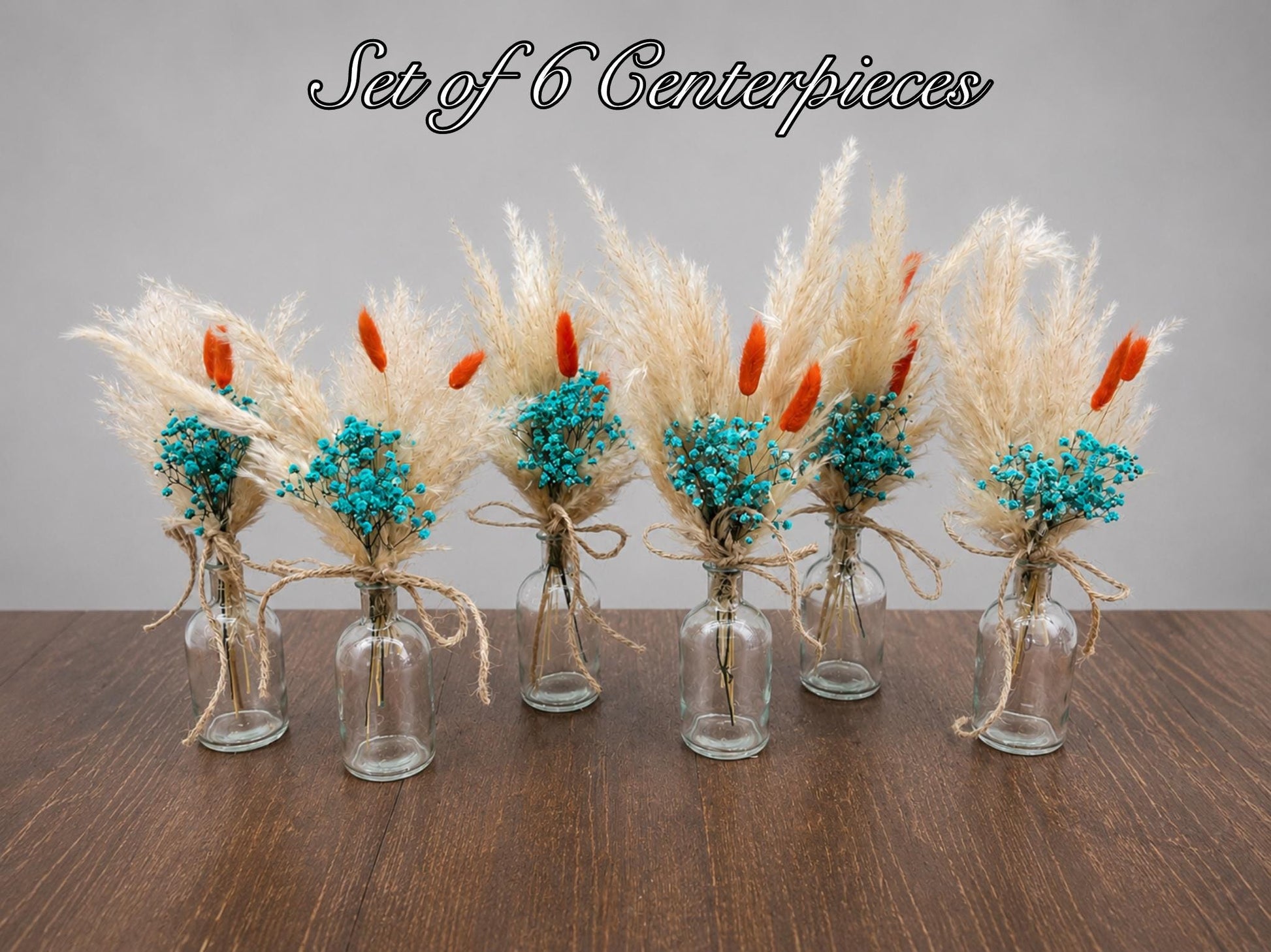Centerpiece Teal Orange Mini Wedding Dried Bouquet Teal Burnt Orange Baby Breath Turquoise Wedding Terracotta Small Centerpiece Pampas Grass