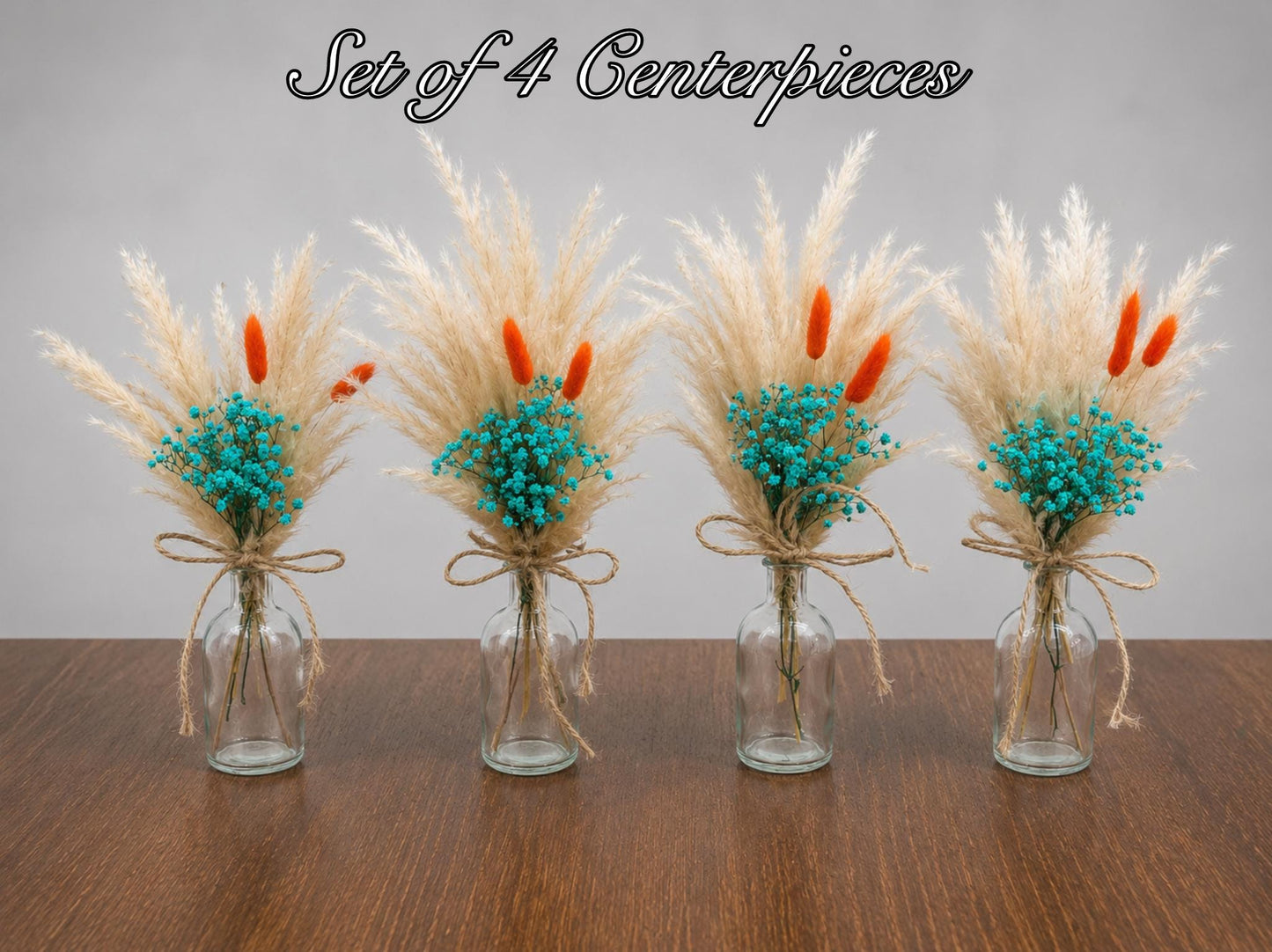 Centerpiece Teal Orange Mini Wedding Dried Bouquet Teal Burnt Orange Baby Breath Turquoise Wedding Terracotta Small Centerpiece Pampas Grass