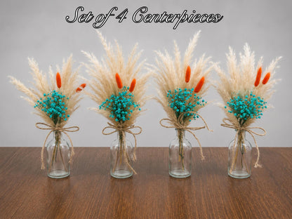 Centerpiece Teal Orange Mini Wedding Dried Bouquet Teal Burnt Orange Baby Breath Turquoise Wedding Terracotta Small Centerpiece Pampas Grass